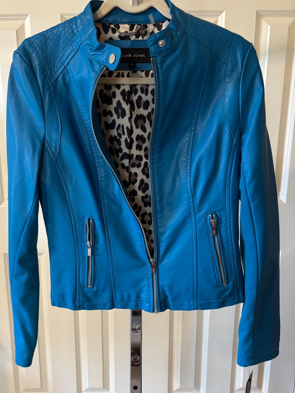 Black Rivet Teal Faux Leather Moto Jacket with Leopard Lining